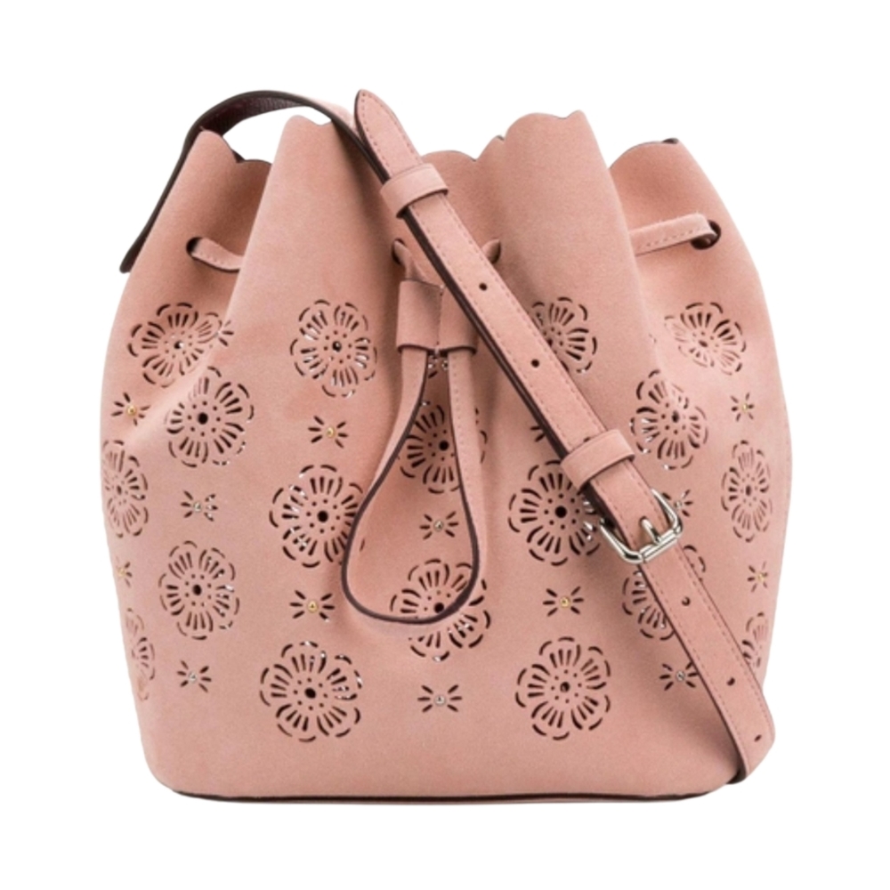 Coach Soft Pink Suede Floral Lazer Cut Scalloped Bucket Crossbody Bag #25193